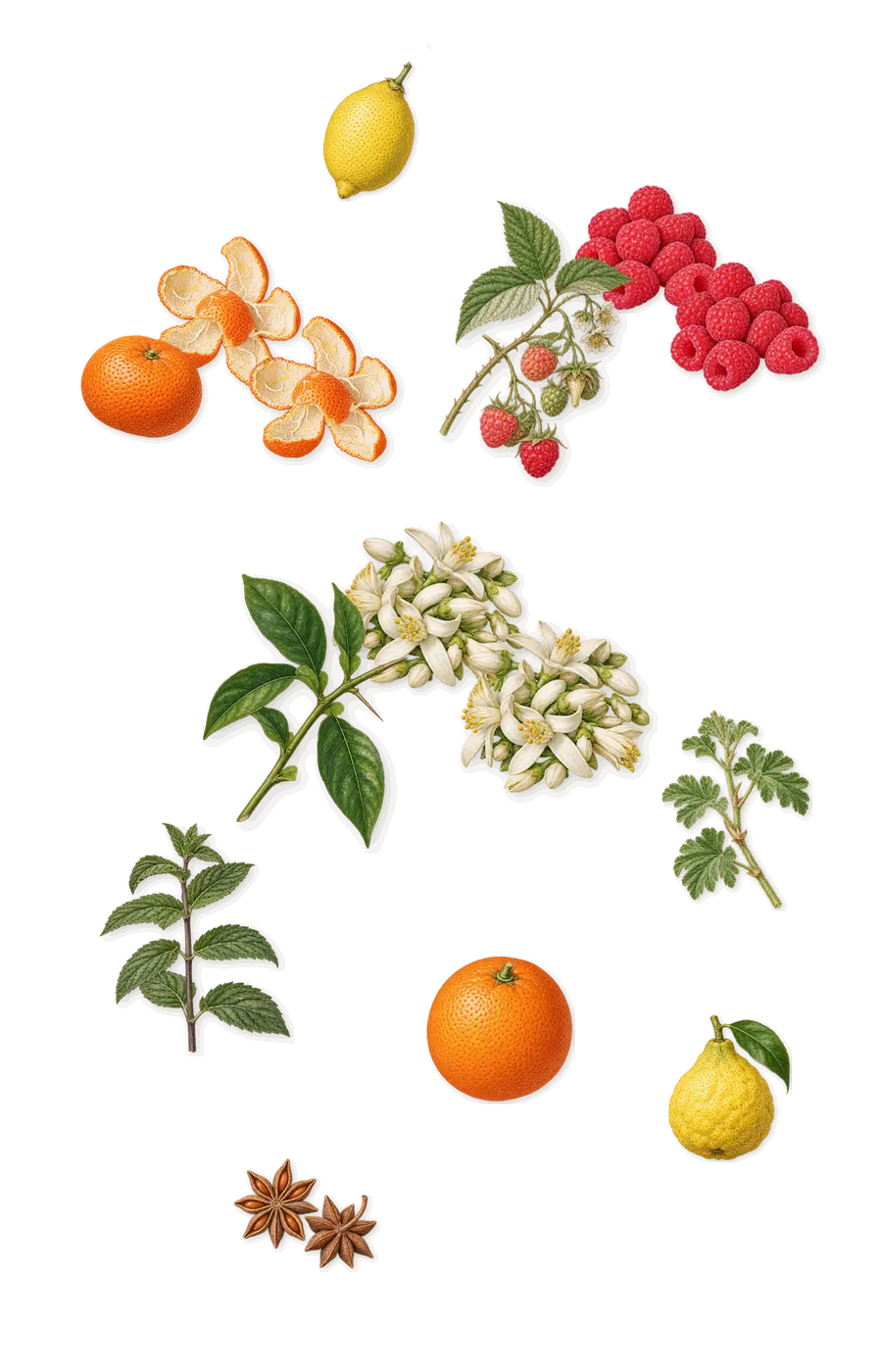 Glimmer, when you spray it: Raspberry, Orange flower, Mandarin, Bergamot, Lemon, Sweet orange, Geranium, Anethole (anise), Carvone (spearmint)