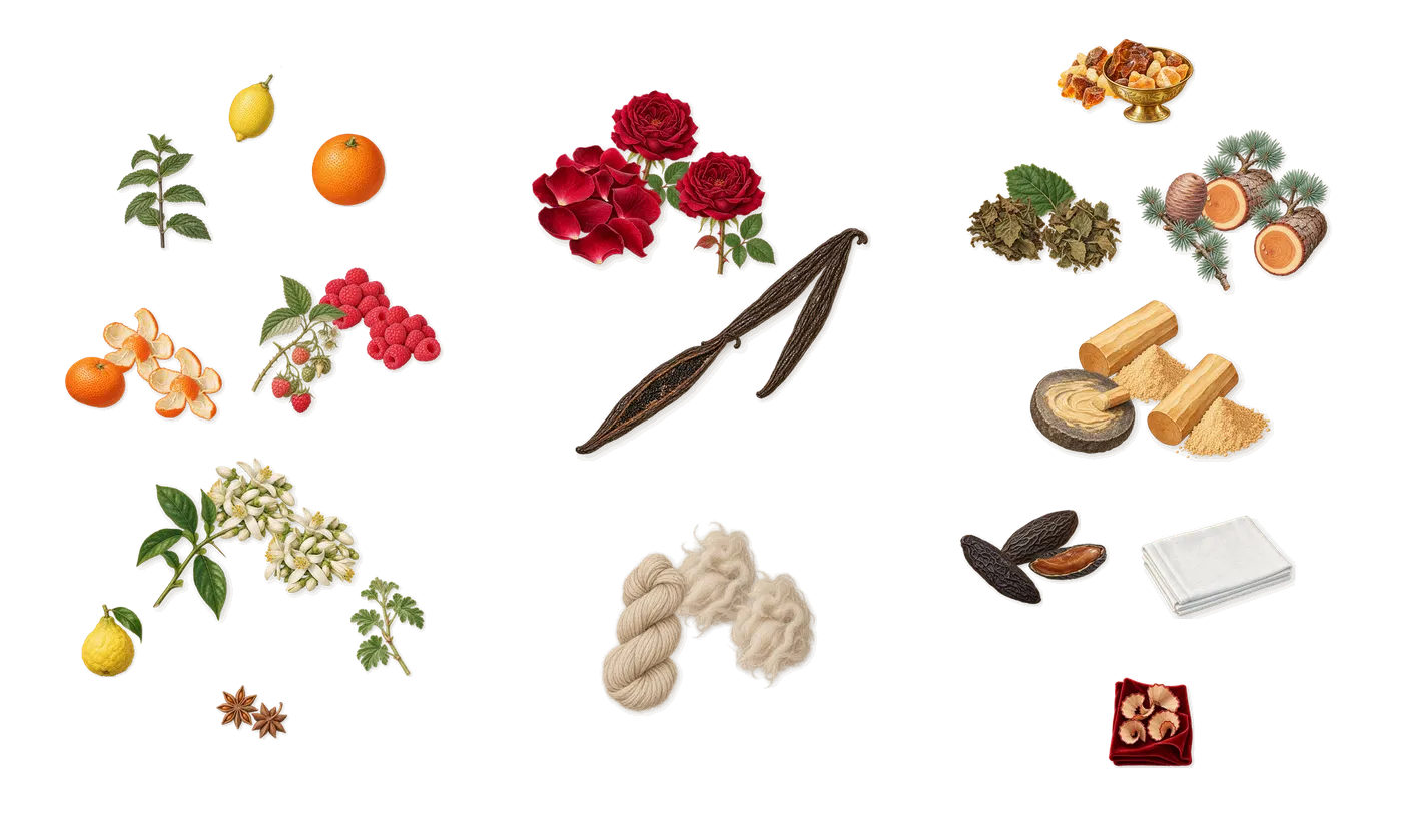 Glimmer’s scent picture, a draft: raspberry, orange flower, mandarin, rose, vanilla (vanillin), cashmeran (cashmere wood) drawn so far; dashed outlines where nothing is drawn yet
