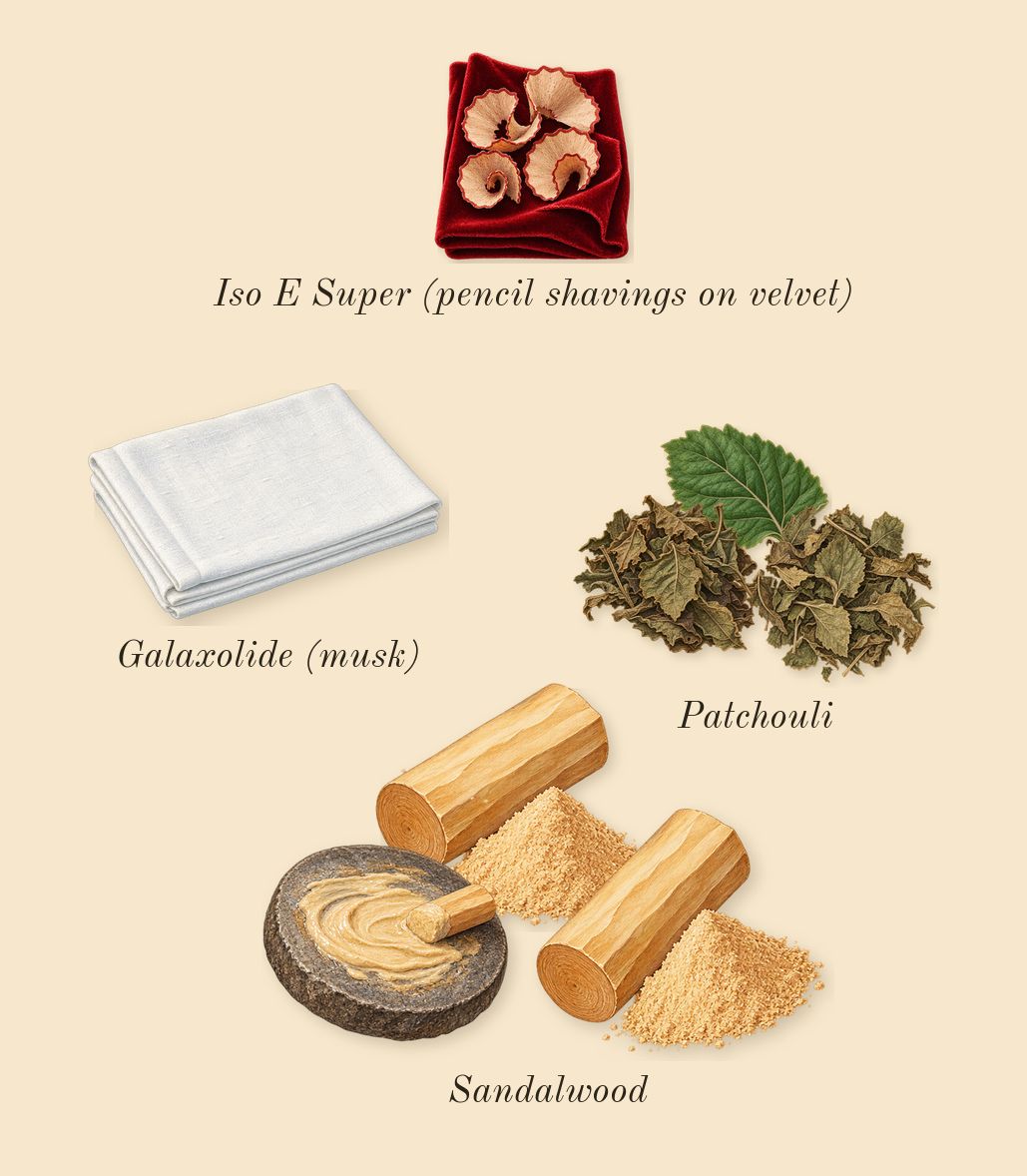 Pleasures, dry-down: Sandalwood, Patchouli, Galaxolide (musk), Iso E Super (pencil shavings on velvet)