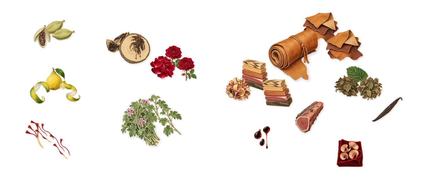 500 Years’s scent picture, a draft: bergamot, cardamom, saffron, rose, oud, geranium drawn so far; dashed outlines where nothing is drawn yet