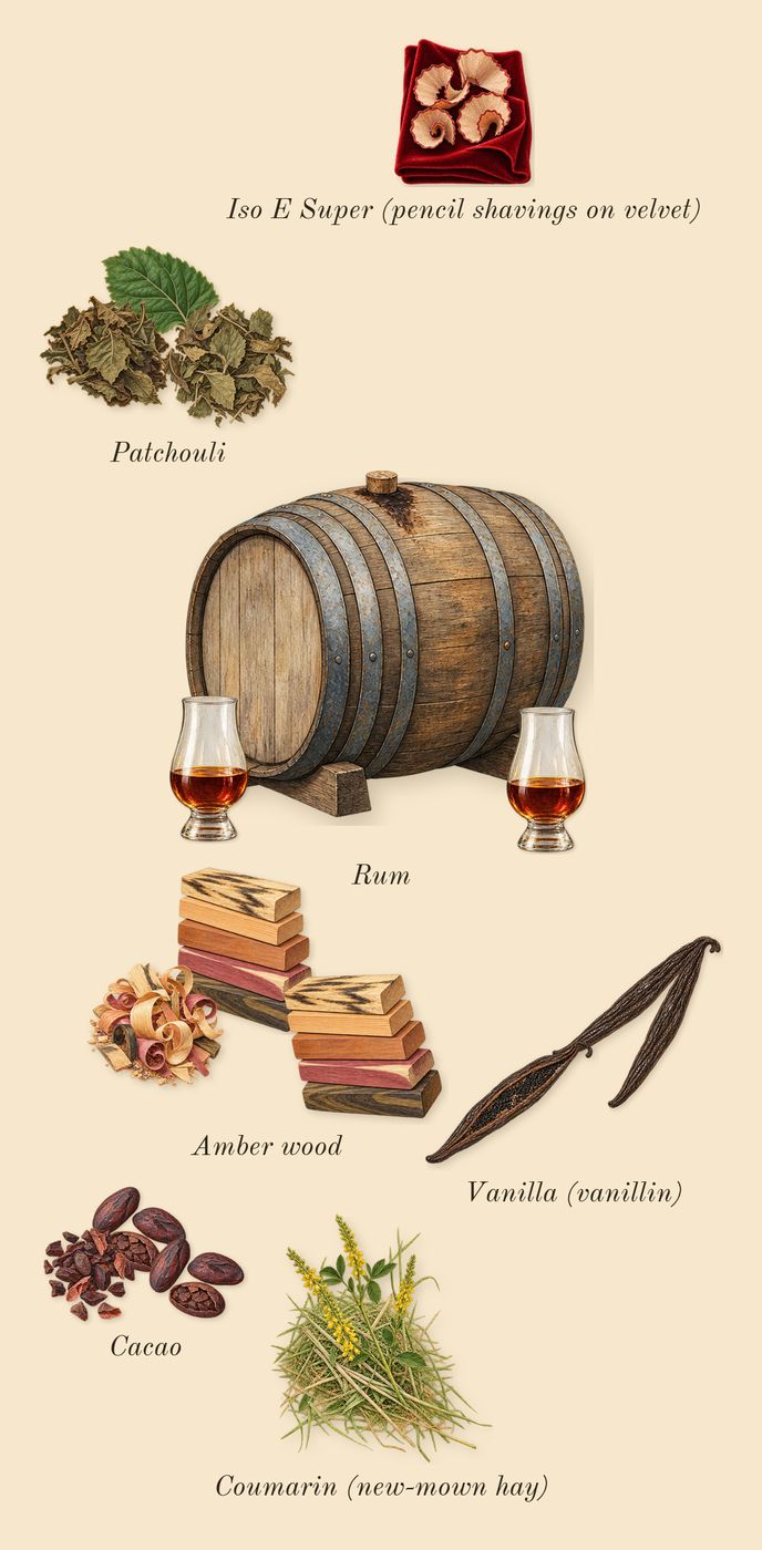 Story of Your Life, dry-down: Rum, Vanilla (vanillin), Amber wood, Cacao, Patchouli, Iso E Super (pencil shavings on velvet), Coumarin (new-mown hay)