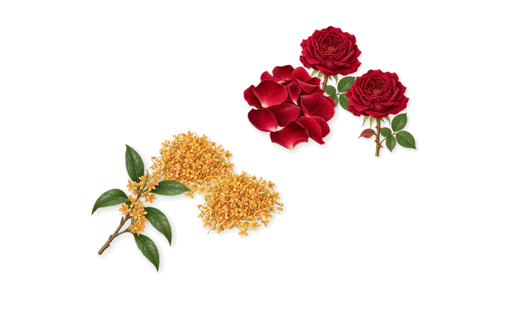 Lucid Dream, as it settles: Osmanthus, Rose