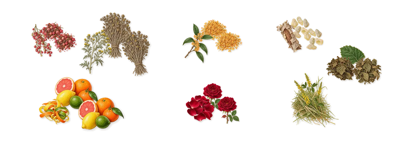 Lucid Dream’s scent picture, a draft: effervescent citrus, pink pepper, davana, osmanthus, rose, frankincense drawn so far; dashed outlines where nothing is drawn yet