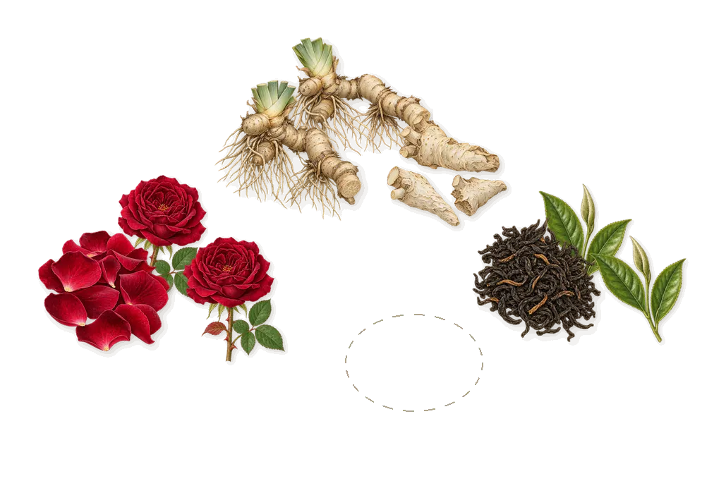 Thirty Three, as it settles: Tea, Rose, Iris, Damascus steel