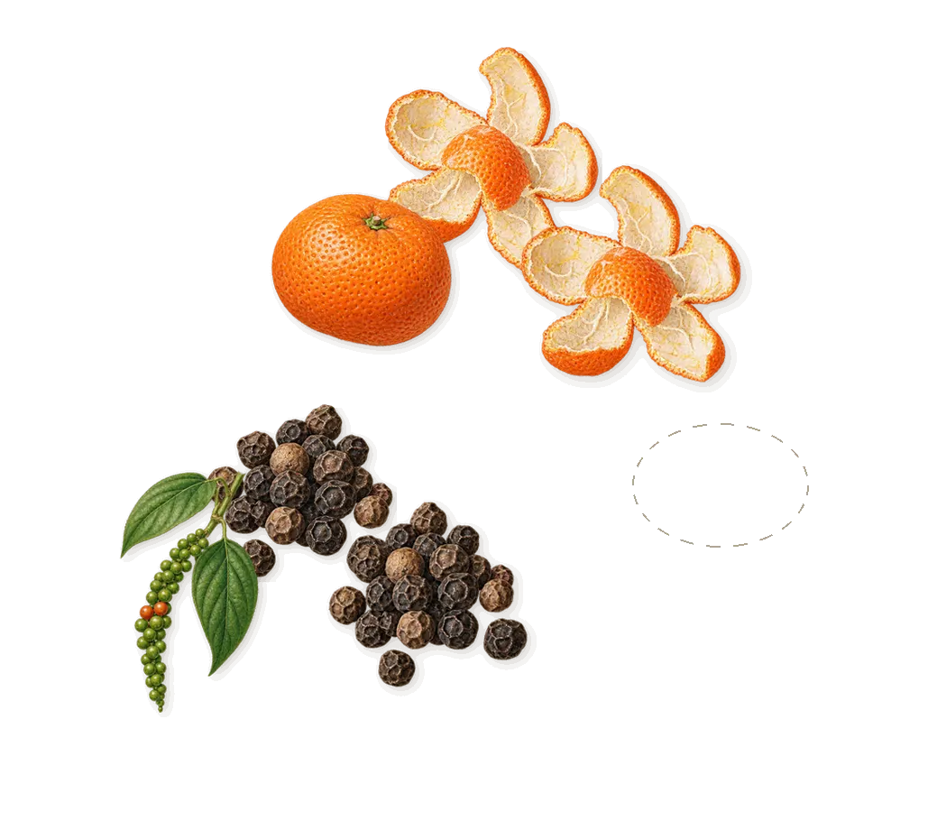 Thirty Three, when you spray it: Black pepper, Mandarin, Caoutchouc
