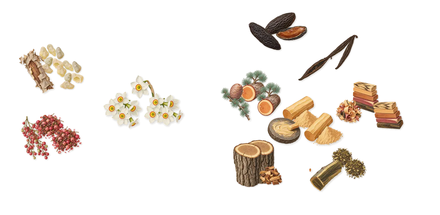 Atlas Fever’s scent picture, a draft: pink pepper, frankincense, narcissus, tonka (coumarin), cedar, sandalwood drawn so far; dashed outlines where nothing is drawn yet