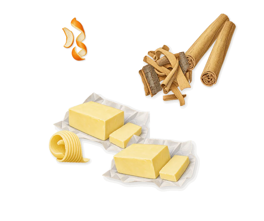 Delizia Cinnamour, when you spray it: Cinnamon, Butter, Limonene (orange peel)