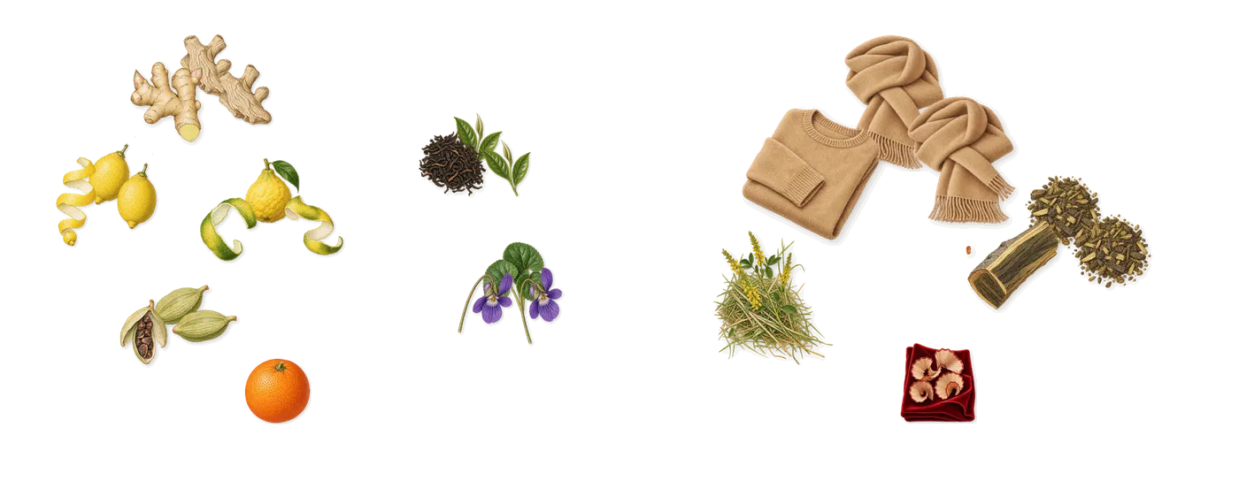I Am Coming Home’s scent picture, a draft: ginger, lemon, bergamot, cardamom, violet, tea drawn so far; dashed outlines where nothing is drawn yet