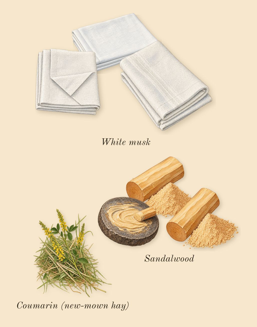 Musc Ravageur, dry-down: Sandalwood, White musk, Coumarin (new-mown hay)