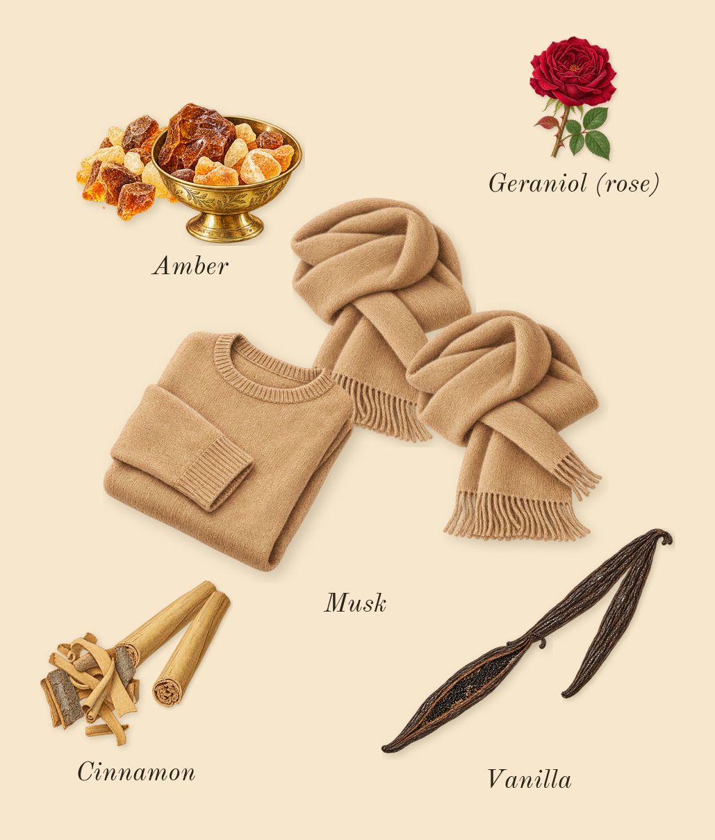 Musc Ravageur, heart: Amber, Vanilla, Musk, Cinnamon, Geraniol (rose)