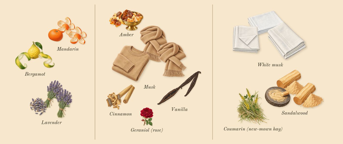 Musc Ravageur’s scent picture, a draft: bergamot, mandarin, lavender, amber, vanilla, musk drawn so far; dashed outlines where nothing is drawn yet