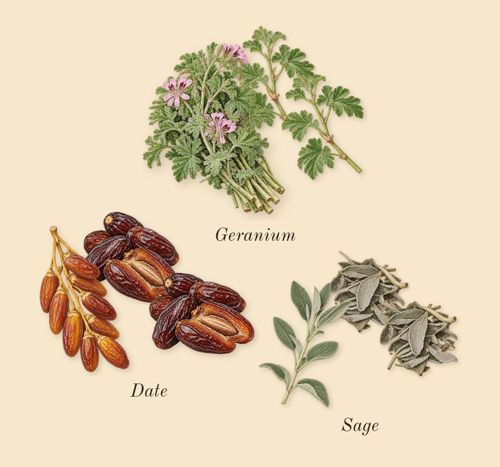 Lumiere Garcon, heart: Date, Geranium, Sage