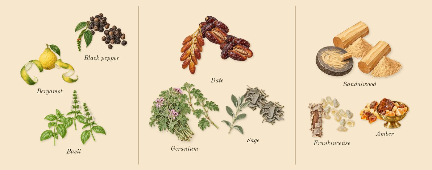 Lumiere Garcon’s scent picture, a draft: black pepper, basil, bergamot, date, geranium, sage drawn so far; dashed outlines where nothing is drawn yet