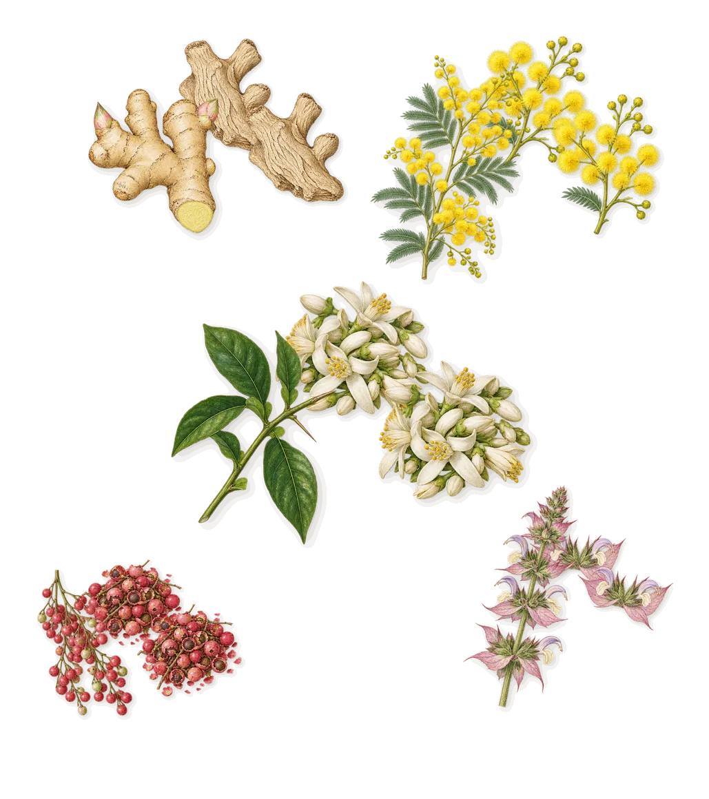 Nocologne, as it settles: Orange blossom, Ginger, Mimosa, Pink pepper, Clary sage