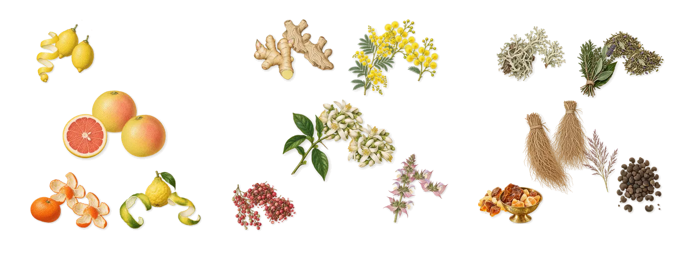 Nocologne’s scent picture, a draft: bergamot, grapefruit, lemon, mandarin, orange blossom, ginger drawn so far; dashed outlines where nothing is drawn yet