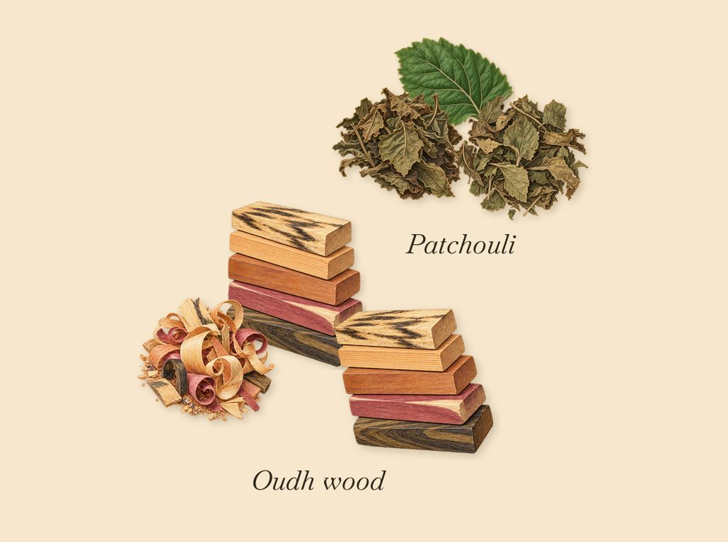 Pomegranoudh, as it settles: Oudh wood, Patchouli