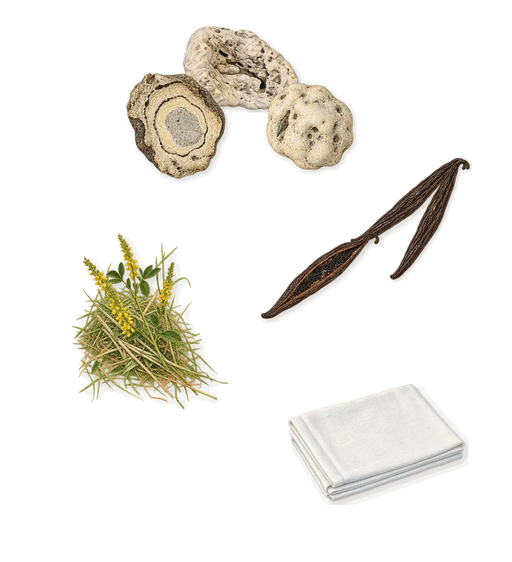 Celeste, what stays: Vanillin (vanilla), Ambroxan (ambergris), Galaxolide (musk), Coumarin (new-mown hay)