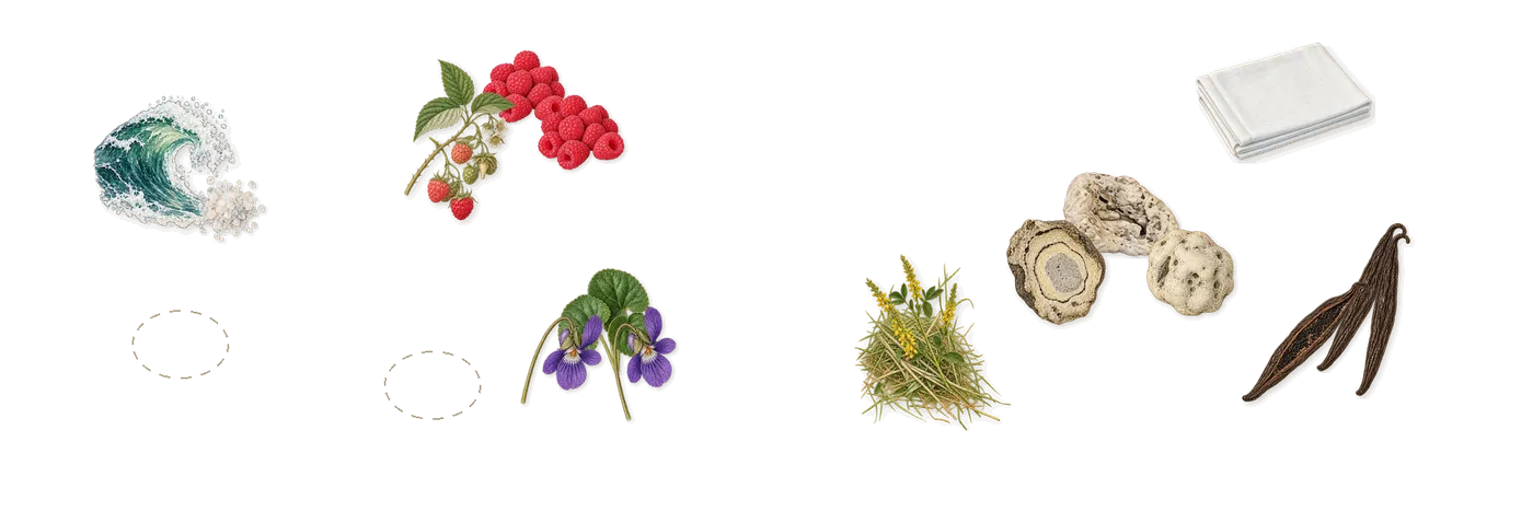 Celeste’s scent picture, a draft: marine notes, violet, raspberry, vanillin (vanilla), ambroxan (ambergris), galaxolide (musk) drawn so far; dashed outlines where nothing is drawn yet