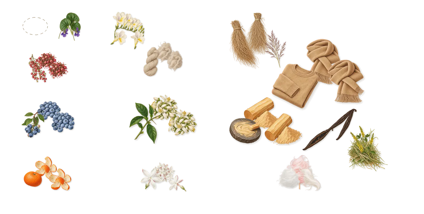 Ambassadora’s scent picture, a draft: mandarin, pink pepper, blueberry, orange blossom, freesia, jasmine drawn so far; dashed outlines where nothing is drawn yet