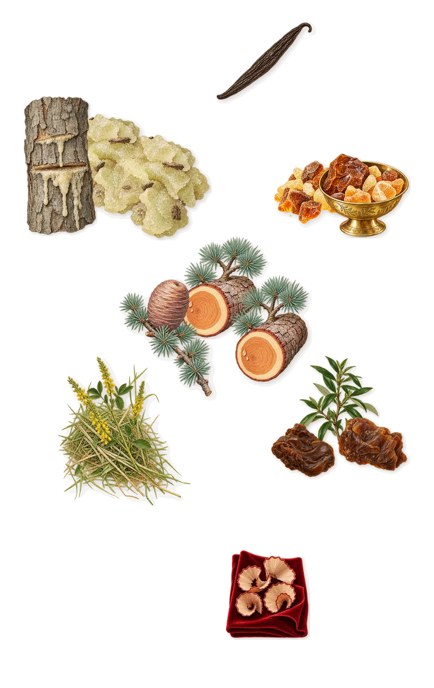 Gold, what stays: Amber, Cedar, Labdanum, Elemi, Iso E Super (pencil shavings on velvet), Coumarin (new-mown hay), Vanillin (vanilla)