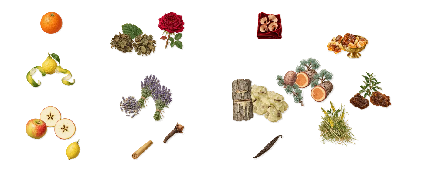 Gold’s scent picture, a draft: bergamot, apple, lavender, patchouli, amber, cedar drawn so far; dashed outlines where nothing is drawn yet