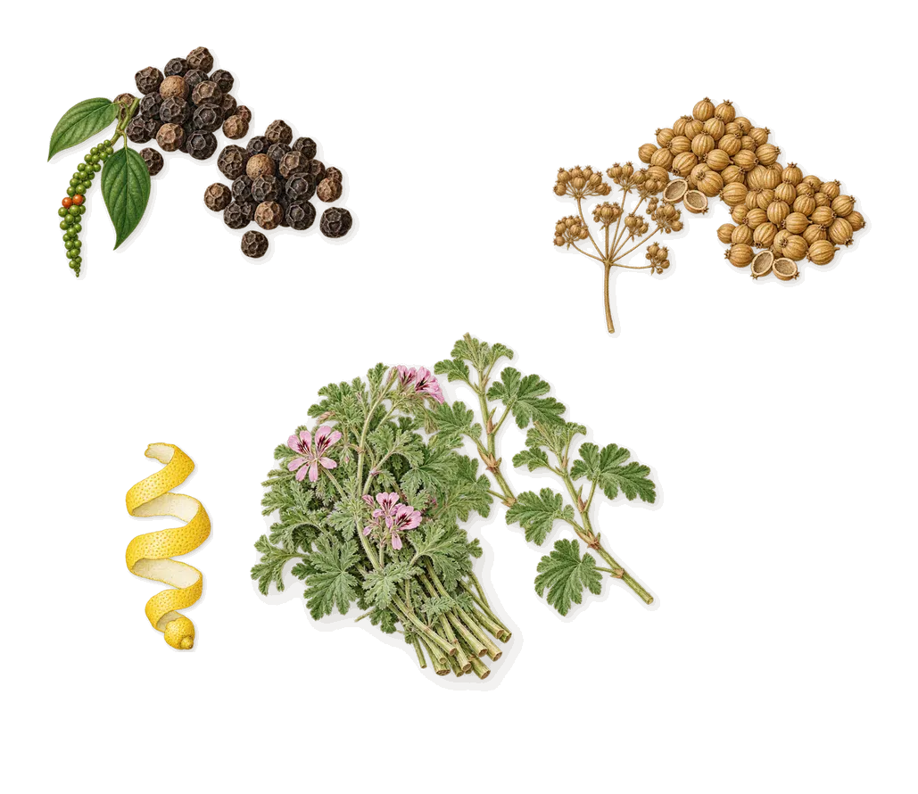 Gentleman Boisée, when you spray it: Black pepper, Coriander, Geranium, Citral (lemon)