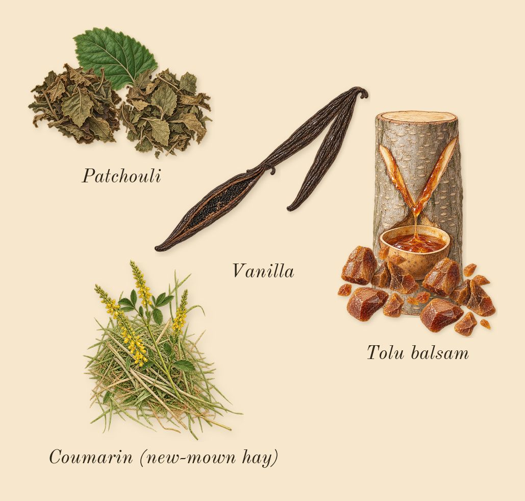 Gentleman, dry-down: Patchouli, Vanilla, Tolu balsam, Coumarin (new-mown hay)