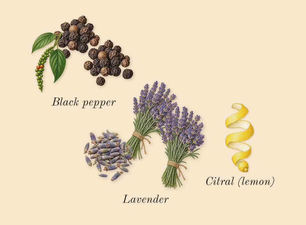 Gentleman, top notes: Black pepper, Lavender, Citral (lemon)