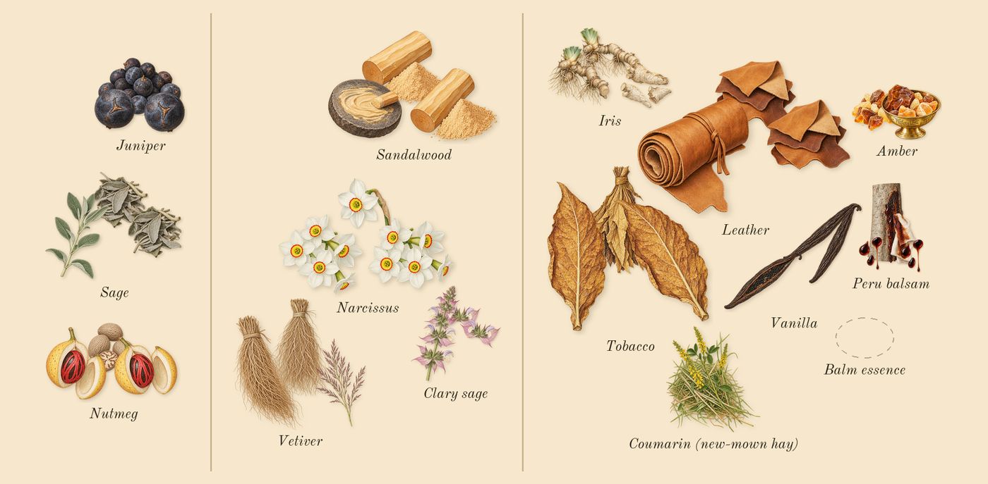 Gentleman Society Ambrée’s scent picture, a draft: sage, juniper, nutmeg, narcissus, vetiver, sandalwood drawn so far; dashed outlines where nothing is drawn yet