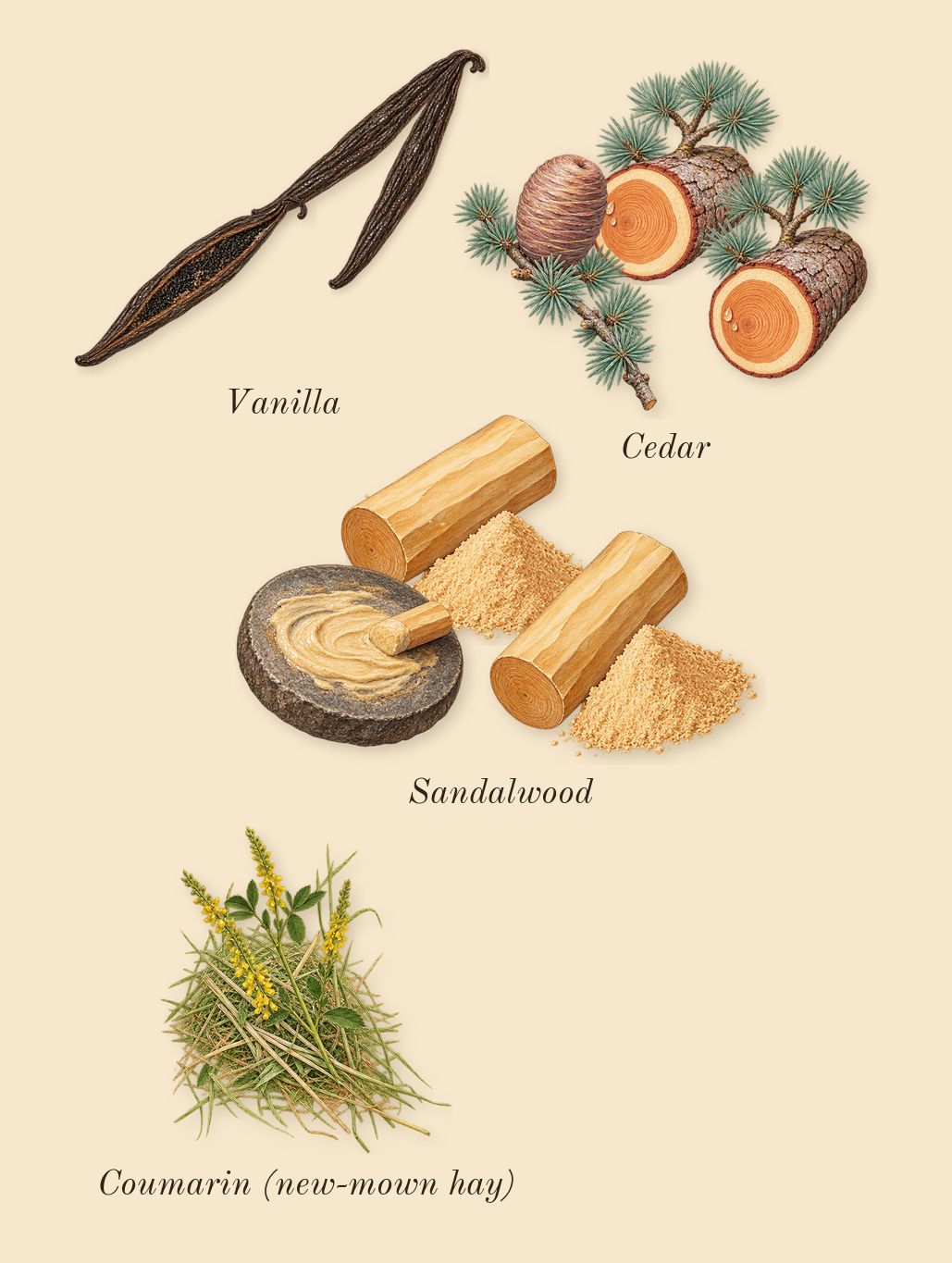 Gentleman Society, dry-down: Cedar, Sandalwood, Vanilla, Coumarin (new-mown hay)