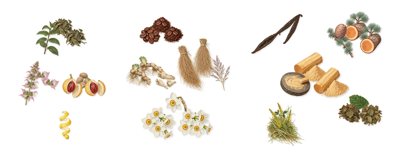 Gentleman Society Extrême’s scent picture, a draft: clary sage, mint, nutmeg, iris, narcissus, coffee drawn so far; dashed outlines where nothing is drawn yet