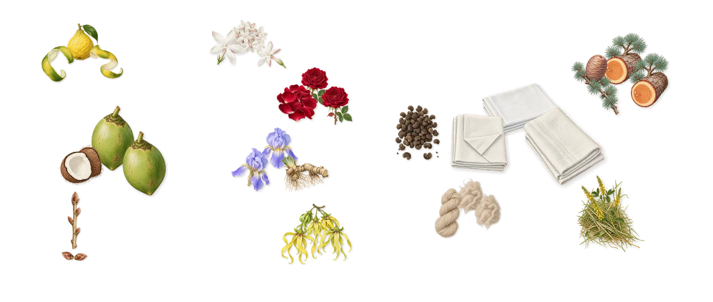 Irresistible Very Floral’s scent picture, a draft: bergamot, coconut, blackcurrant, rose, iris, ylang-ylang drawn so far; dashed outlines where nothing is drawn yet