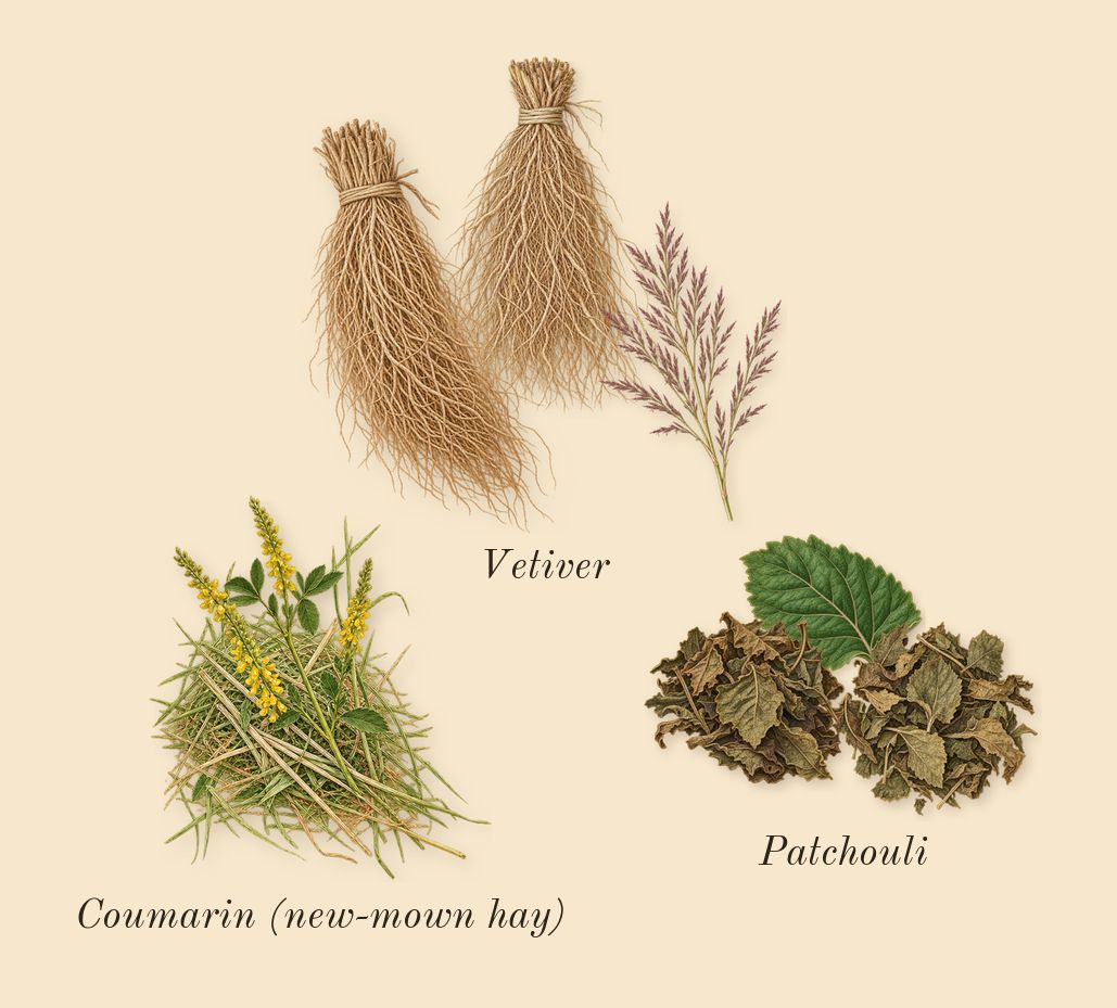 L'Interdit, dry-down: Patchouli, Vetiver, Coumarin (new-mown hay)
