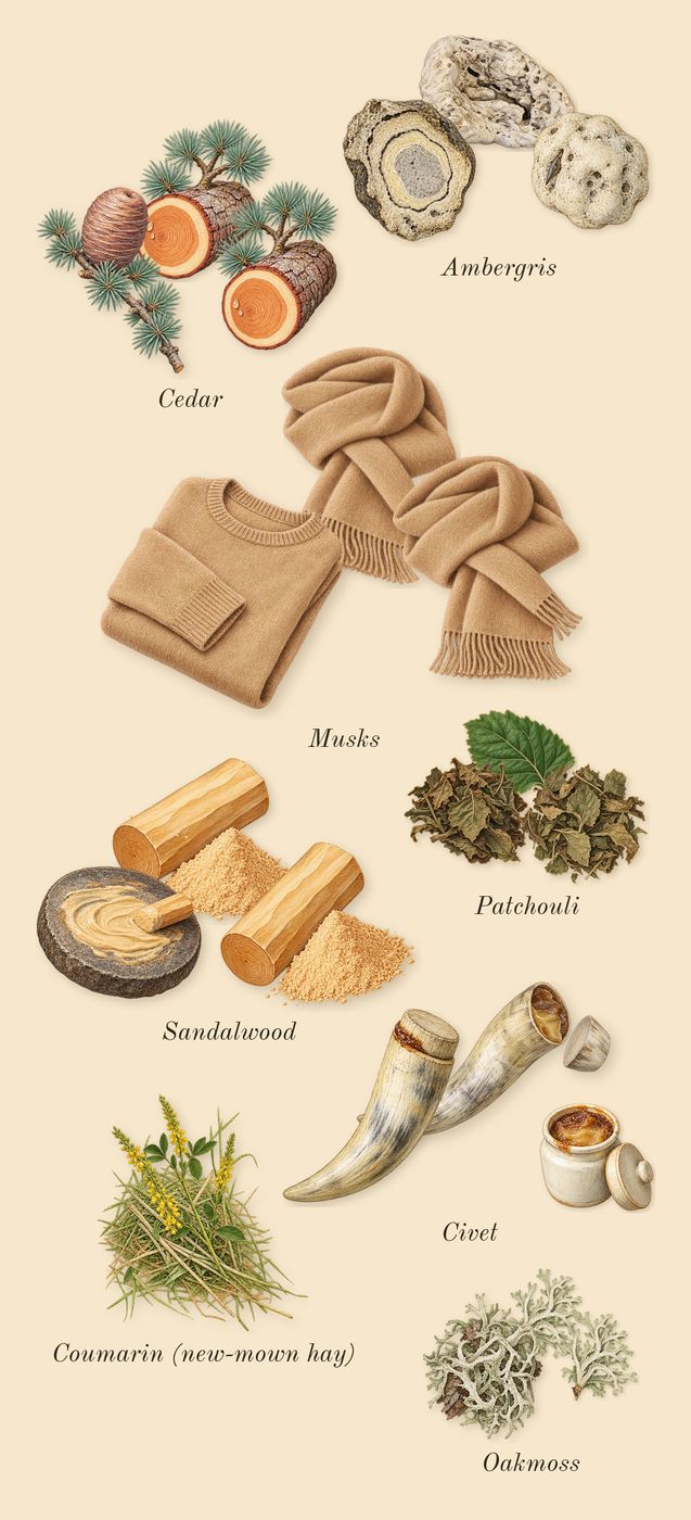 Gold Man, dry-down: Ambergris, Civet, Musks, Cedar, Sandalwood, Oakmoss, Patchouli, Coumarin (new-mown hay)