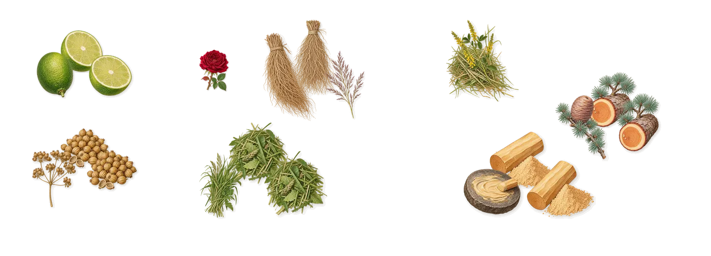 Bohemian Lime’s scent picture, a draft: lime, coriander, aromatic greens, vetiver, cedar, sandalwood drawn so far; dashed outlines where nothing is drawn yet