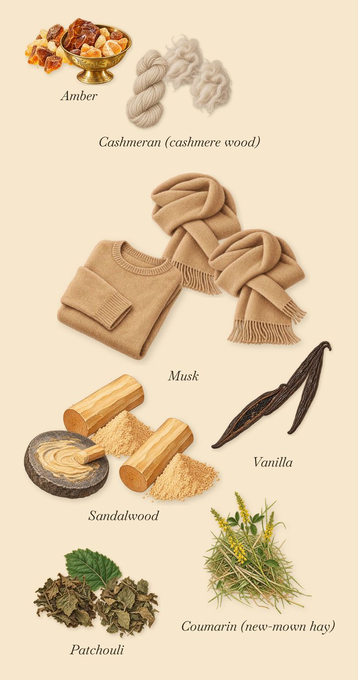 Ingenious Ginger, what stays: Amber, Sandalwood, Vanilla, Patchouli, Musk, Cashmeran (cashmere wood), Coumarin (new-mown hay)