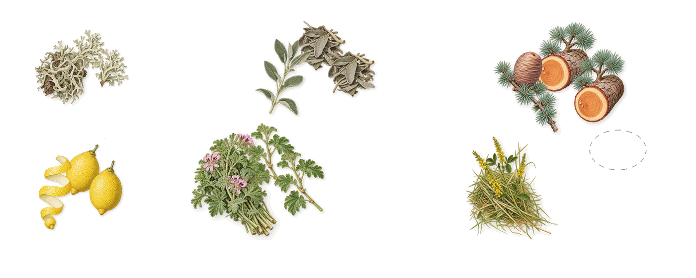 Pacific Rock Moss’s scent picture, a draft: lemon, oakmoss, sage, geranium, cedar, coumarin (new-mown hay) drawn so far; dashed outlines where nothing is drawn yet