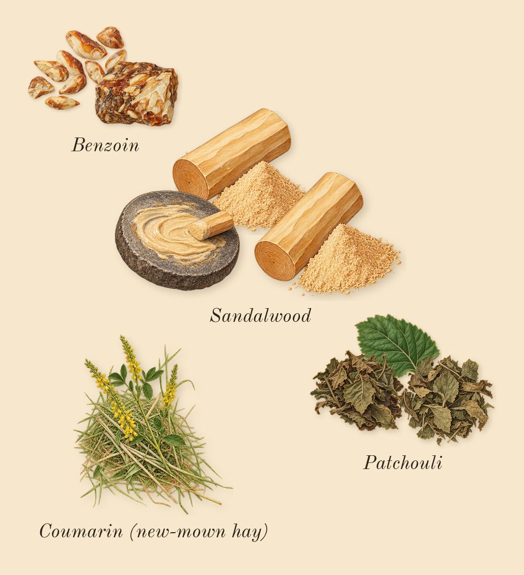 Flora Gorgeous Jasmine, dry-down: Sandalwood, Benzoin, Patchouli, Coumarin (new-mown hay)