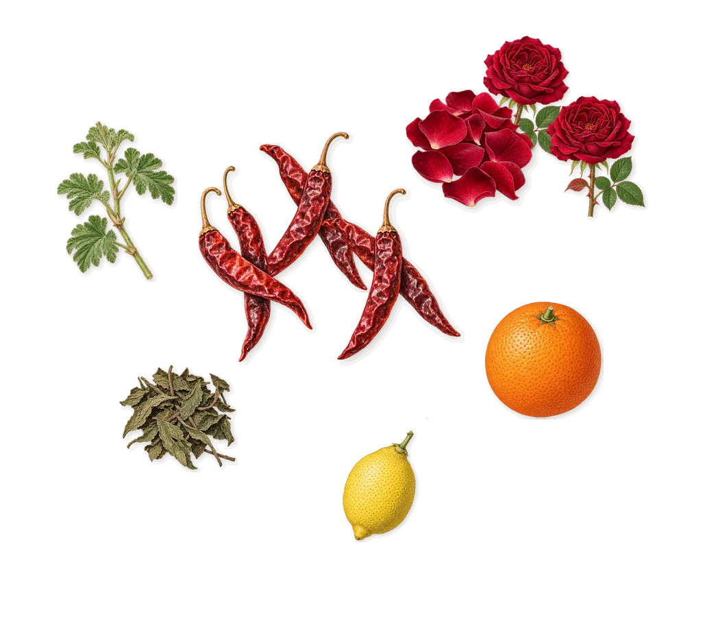 Guilty Pour Homme, when you spray it: Rose, Chilli, Lemon, Sweet orange, Geranium, Mint