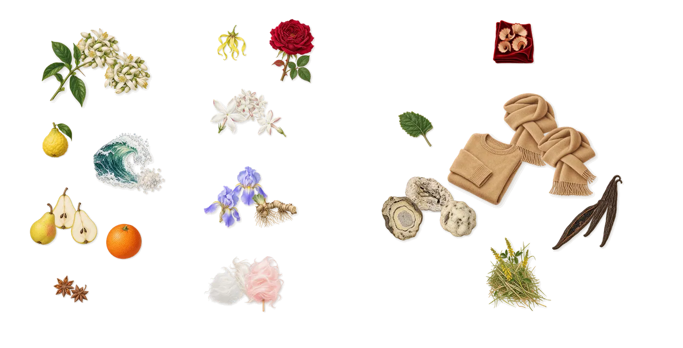 L'Heure Bleue’s scent picture, a draft: marine notes, pear, neroli, iris, spun sugar, jasmine drawn so far; dashed outlines where nothing is drawn yet