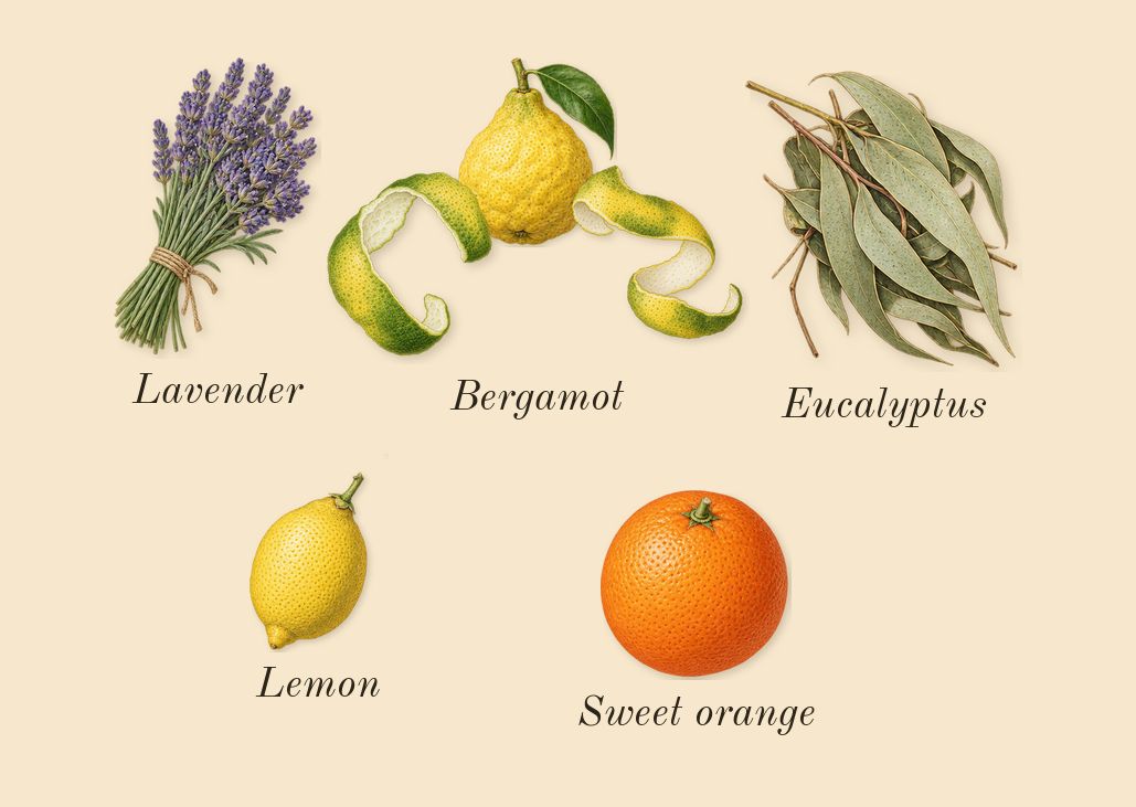 Shalimar, top notes: Bergamot, Lemon, Lavender, Sweet orange, Eucalyptus