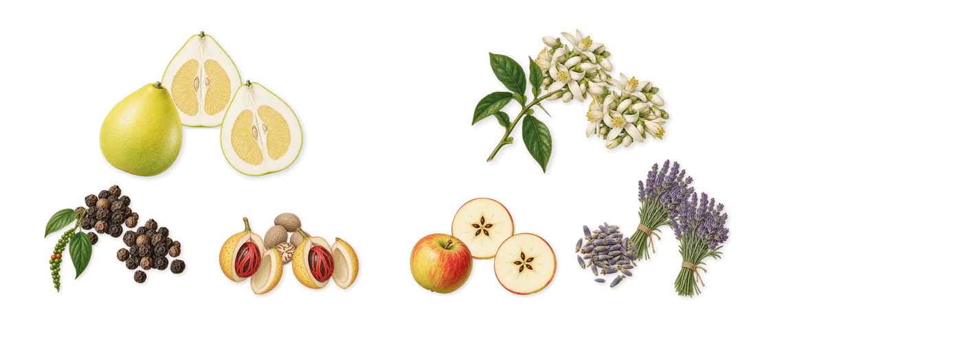 Seductive Homme Noir’s scent picture, a draft: black pepper, pomelo, nutmeg, lavender, orange flower, apple drawn so far; dashed outlines where nothing is drawn yet