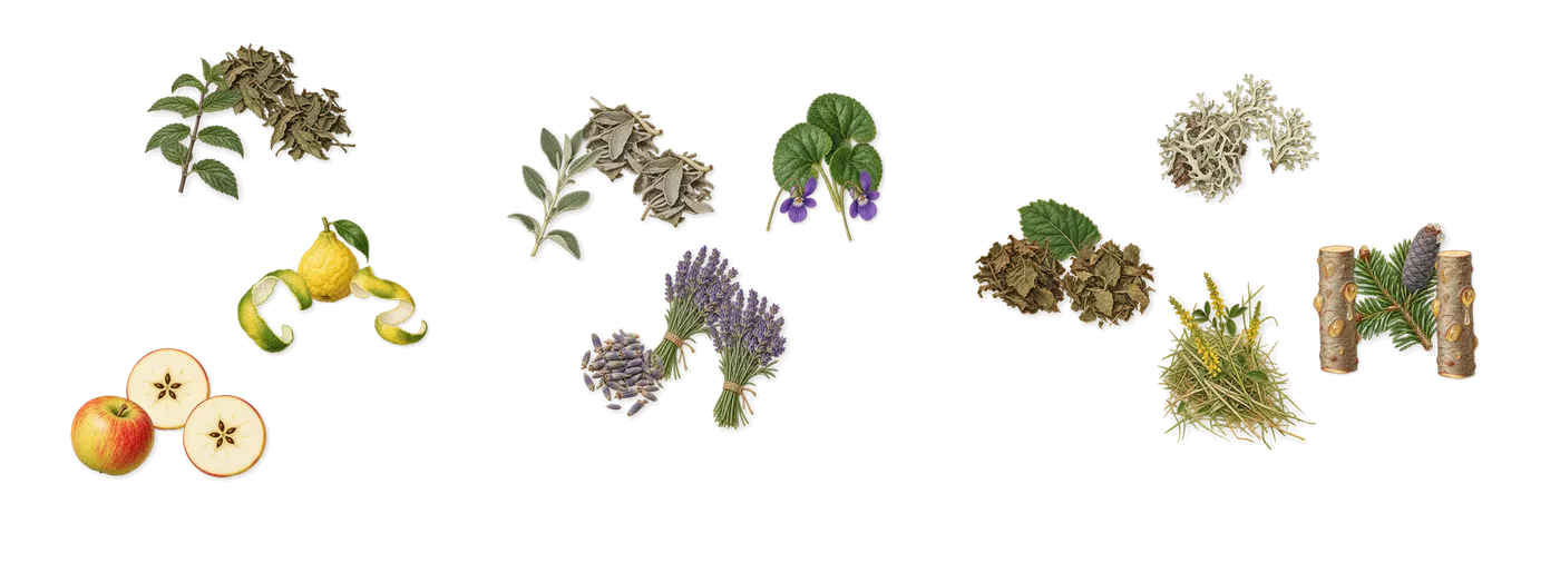 Drakkar Bleu’s scent picture, a draft: mint, apple, bergamot, lavender, violet, sage drawn so far; dashed outlines where nothing is drawn yet