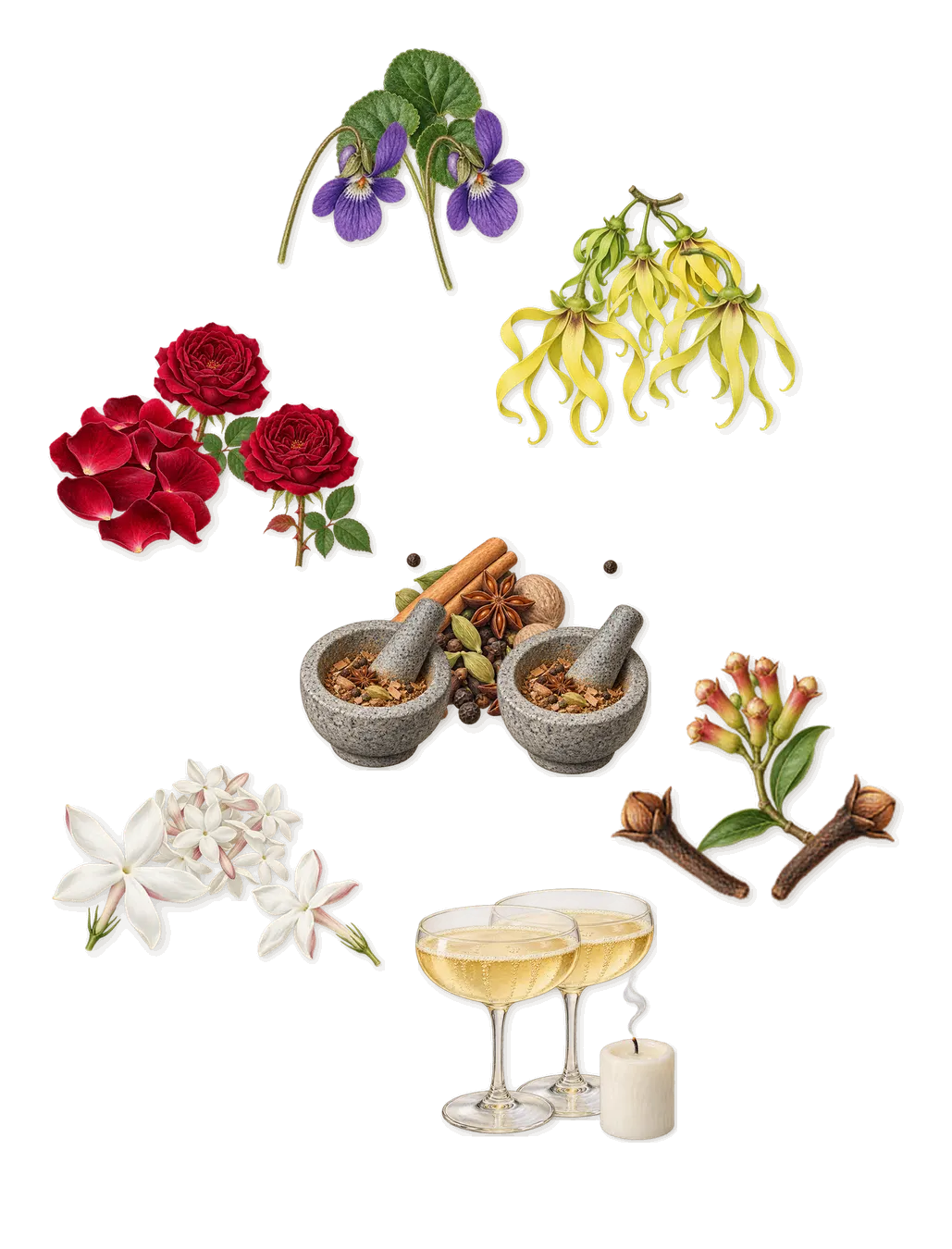 Fidji, as it settles: Aldehydes, Jasmine, Ylang-ylang, Clove, Violet, Spicy notes, Rose