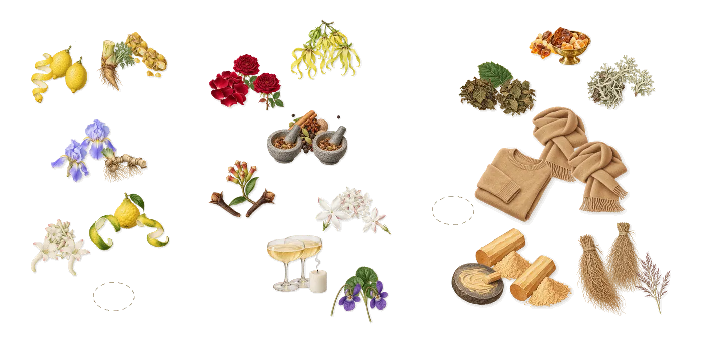 Fidji’s scent picture, a draft: galbanum, iris, bergamot, lemon, tuberose, aldehydes drawn so far; dashed outlines where nothing is drawn yet