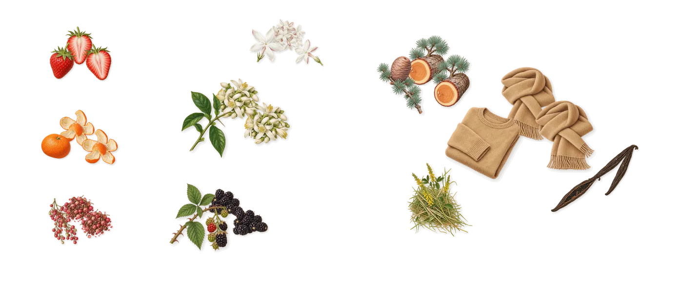 Blossom’s scent picture, a draft: mandarin, strawberry, pink pepper, blackberry, orange blossom, jasmine drawn so far; dashed outlines where nothing is drawn yet