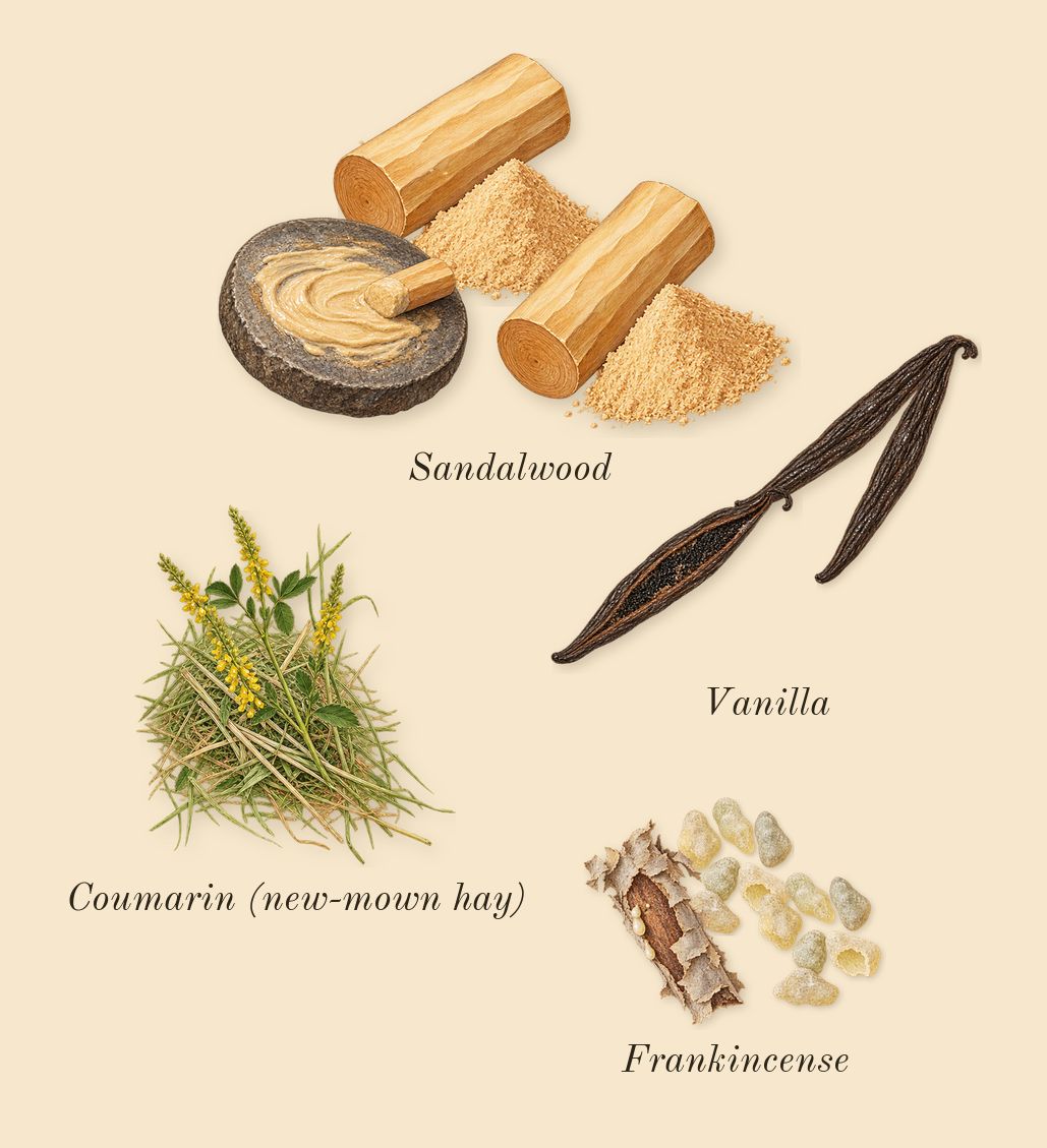Halloween, dry-down: Sandalwood, Frankincense, Vanilla, Coumarin (new-mown hay)