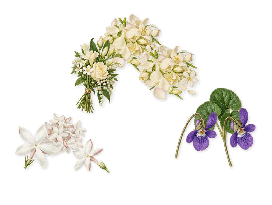 Man X, as it settles: Jasmine, Violet, White flowers