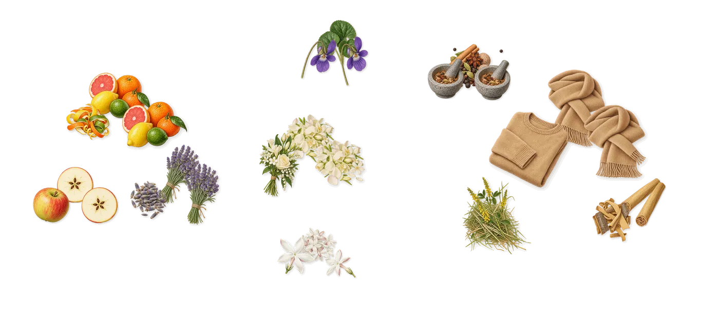 Man X’s scent picture, a draft: citrus notes, apple, lavender, jasmine, violet, white flowers drawn so far; dashed outlines where nothing is drawn yet