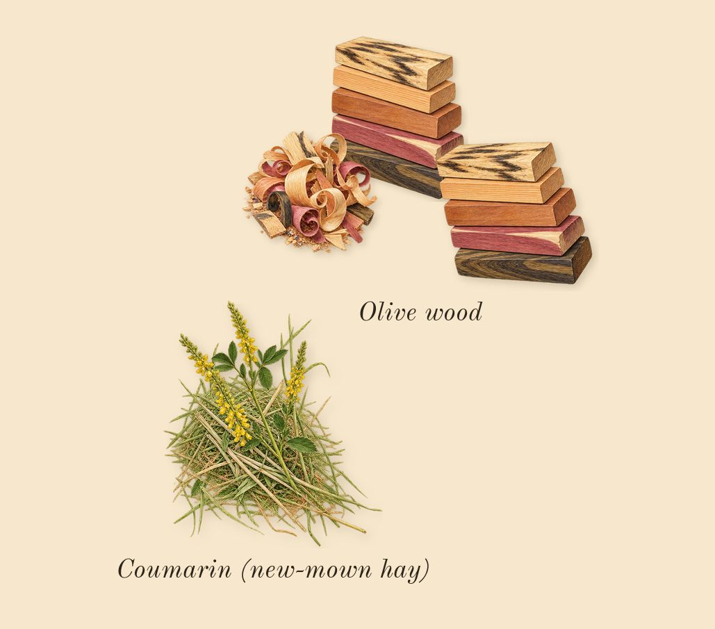 Un Jardin à Cythère, dry-down: Olive wood, Coumarin (new-mown hay)